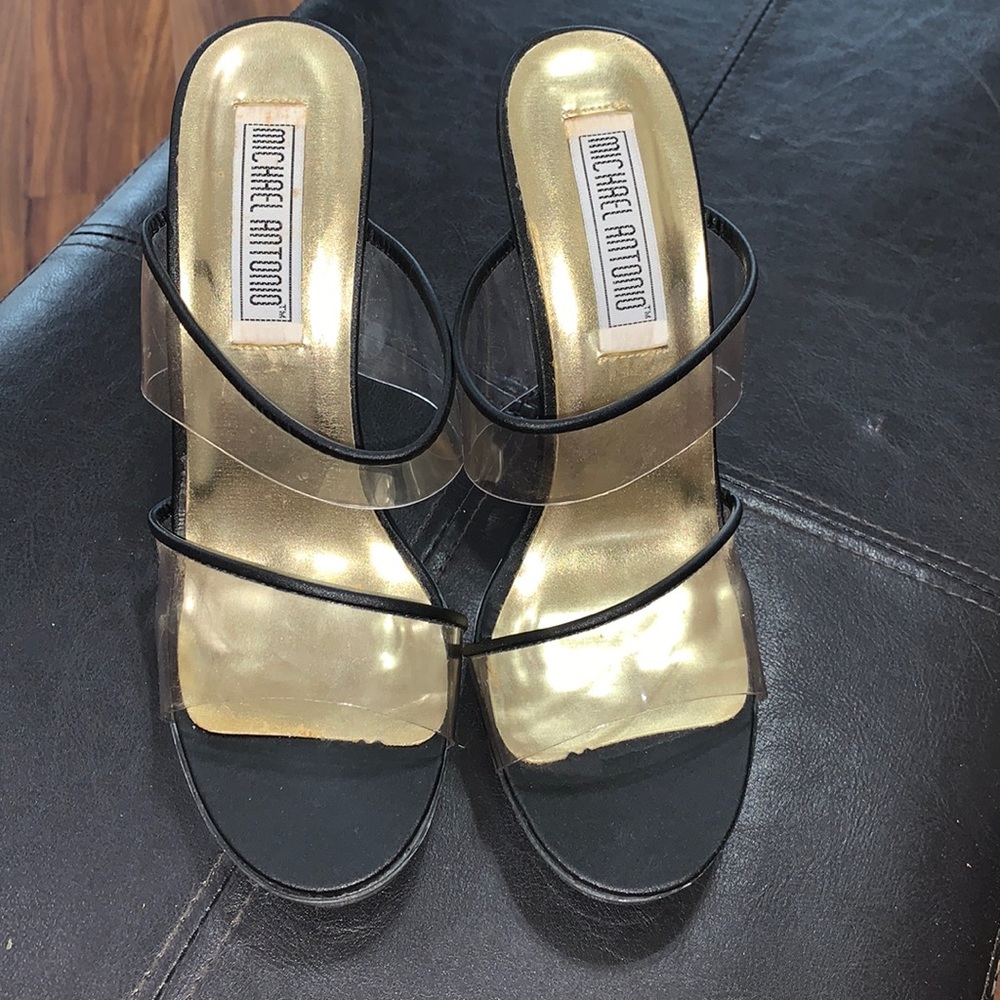 Michael Antonio Vintage Clear Black Gold heels Size 7